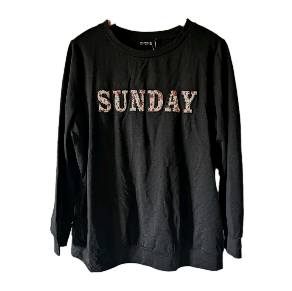 Bloomchic Top Crew neck Long Sleeve Knit SUNDAY Black Women Size 12 NEW W Tag